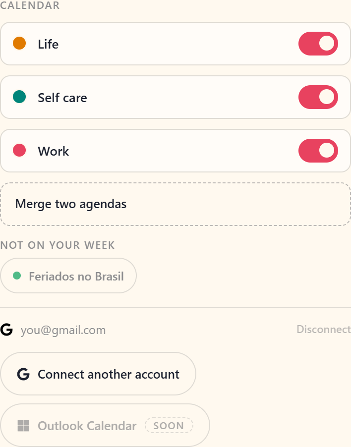 The Calendar section of Profile: the calendars on your week as lines with switches, the rest as chips under Not on your week, on a phone