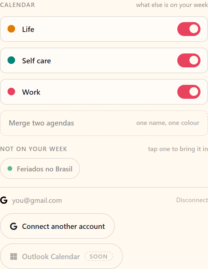 The Calendar section of Profile: the calendars on your week as lines with switches, the rest as chips under Not on your week