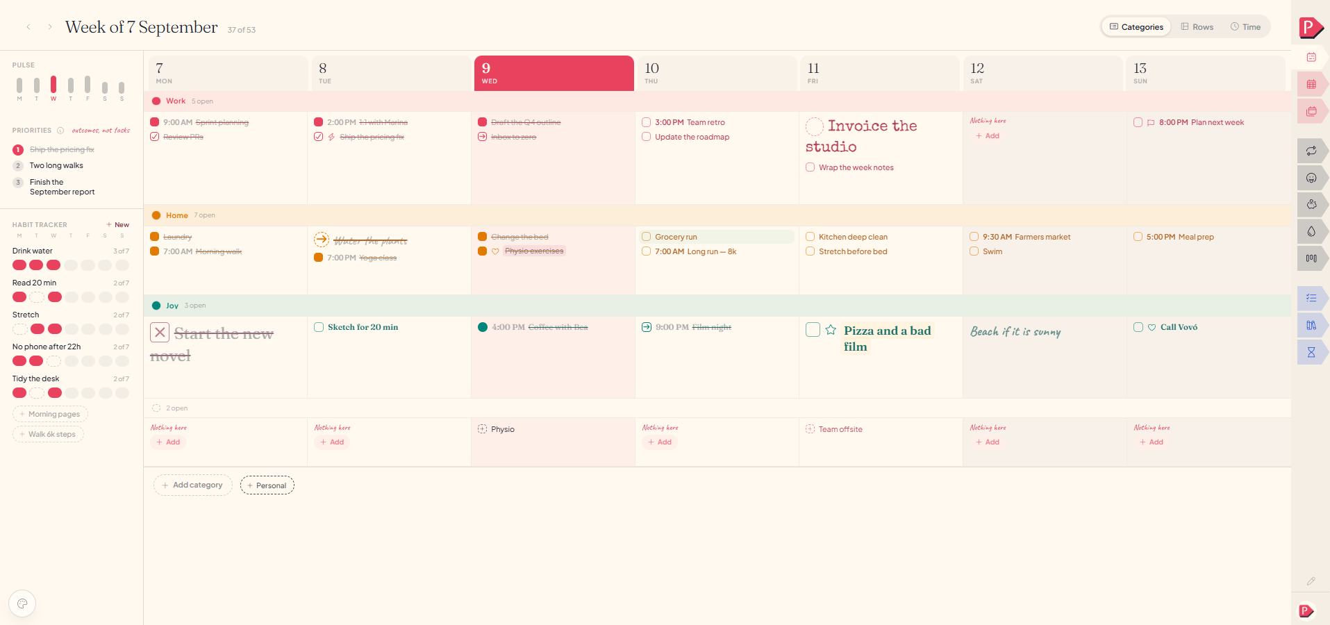 A week at a desk with a connected calendar drawn as its own category, meetings in their day columns