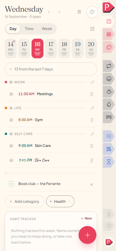 A week at a desk with a connected calendar drawn as its own category, meetings in their day columns, on a phone