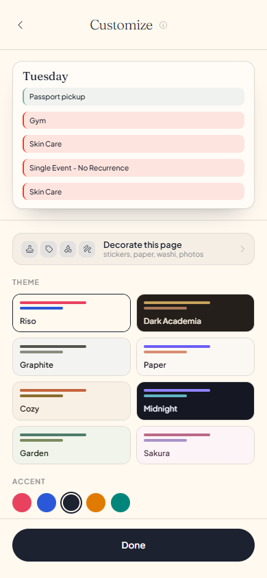 The five accent dots in Customize, one selected