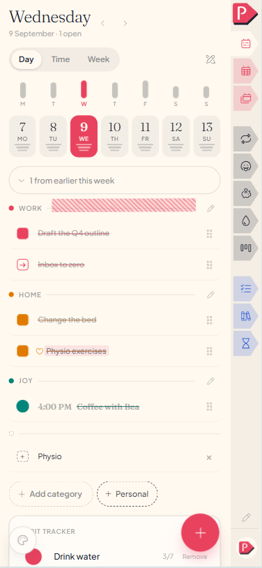 Day on a phone: categories stacked top to bottom, the day's tasks filed under each