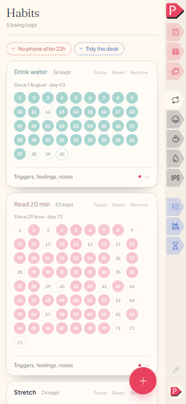 The Habits page: a card per habit, each with its run of days