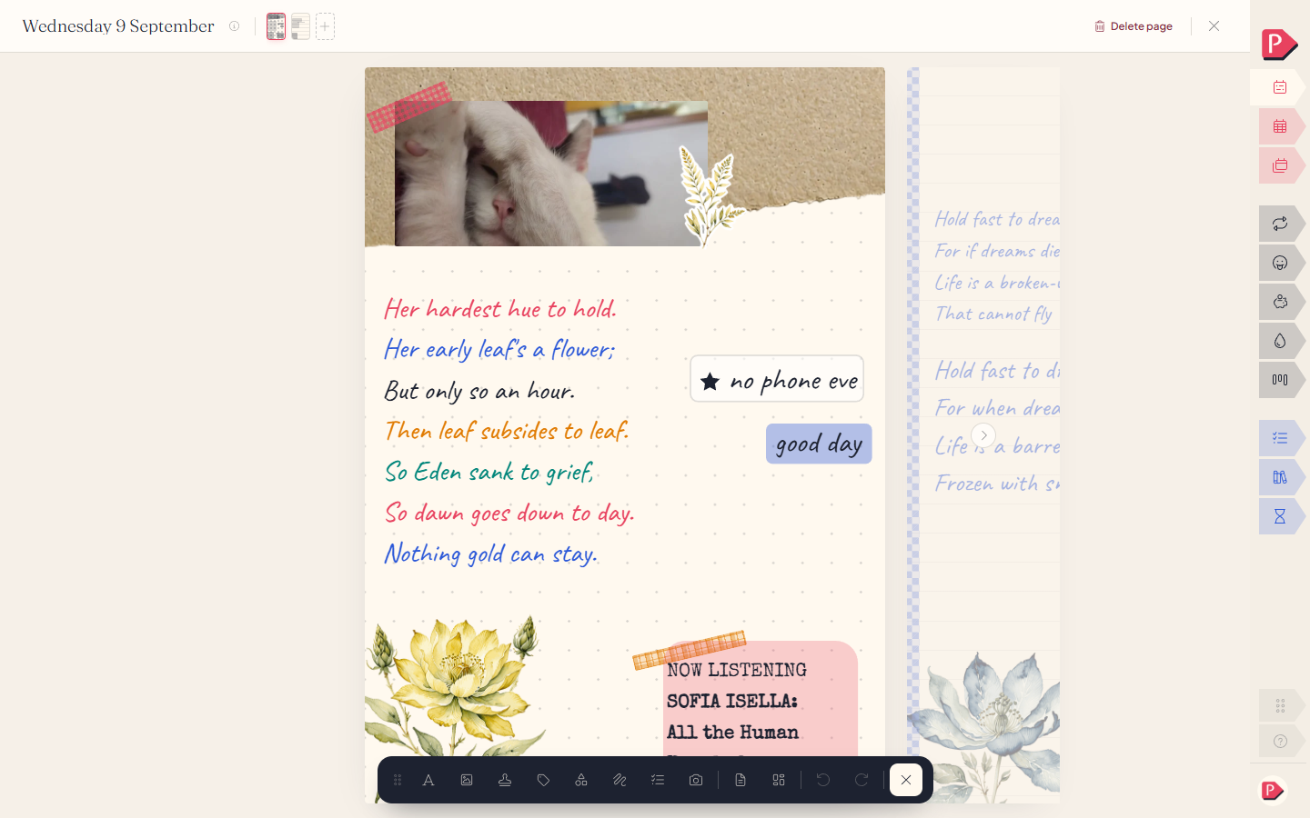 A journal page with photos, tape and a block of writing arranged on it