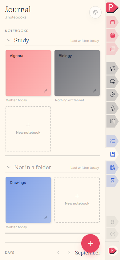 The Journal tab on a phone: a Study folder with two notebooks and one notebook in no folder