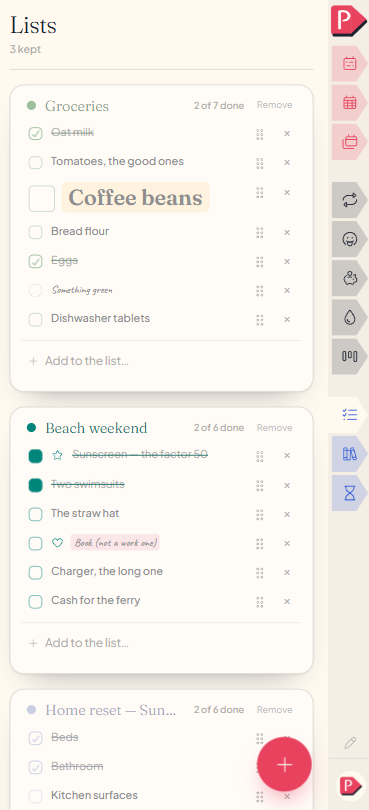 A few lists stacked on a phone, each with its own colour