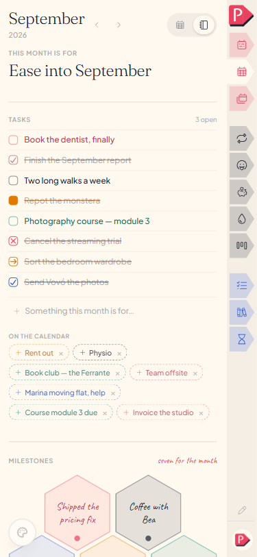 A month's plan on a phone: what the month is for, its tasks, and the dates already on the calendar