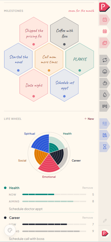 The same page further down: the month's milestones, and the life wheel below them