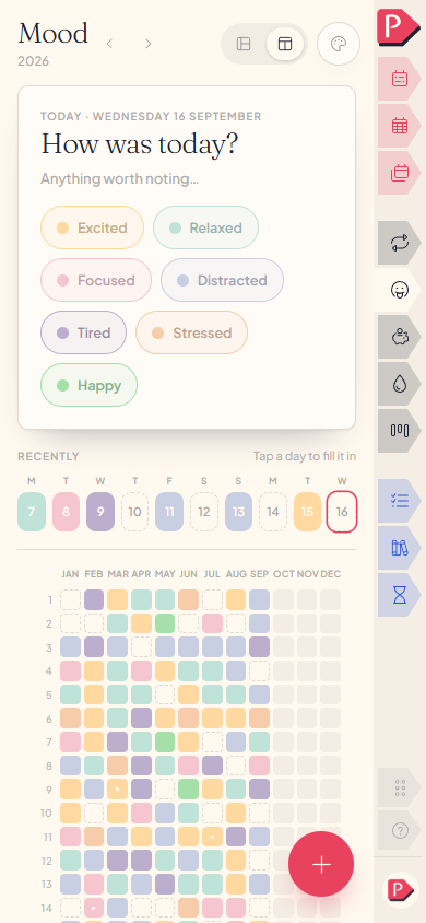 The mood year on a phone: a grid of small squares, each a day, beside the words you keep