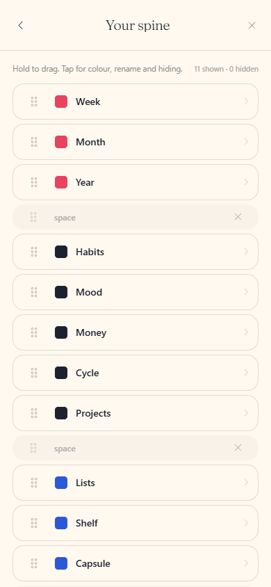 The spine's edit list on a phone: tabs with drag handles, tap one for its sheet