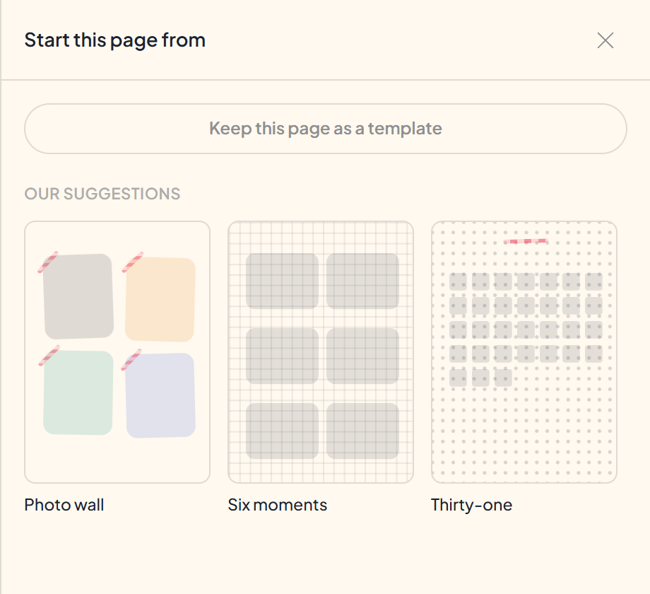 The Templates panel: Keep this page as a template above, our suggestions under it