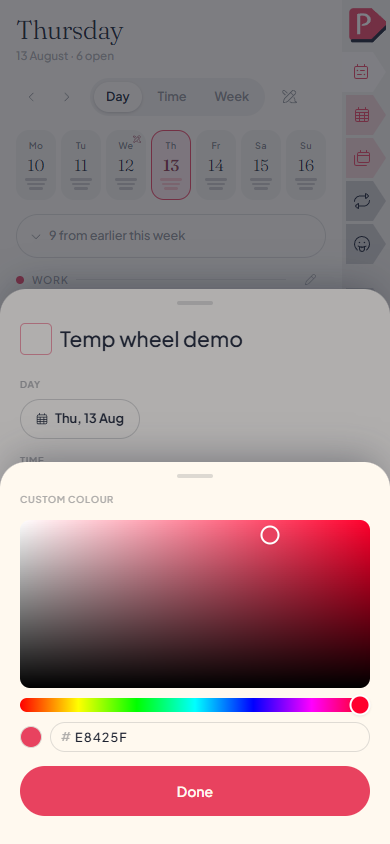 The colour wheel open on a category's colour picker, on a phone