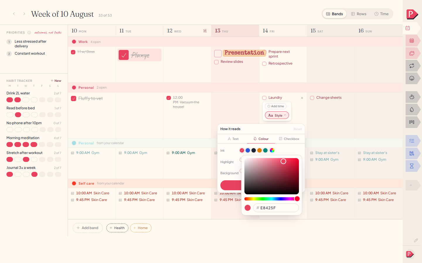 The colour wheel open on a category's colour picker, at a desk