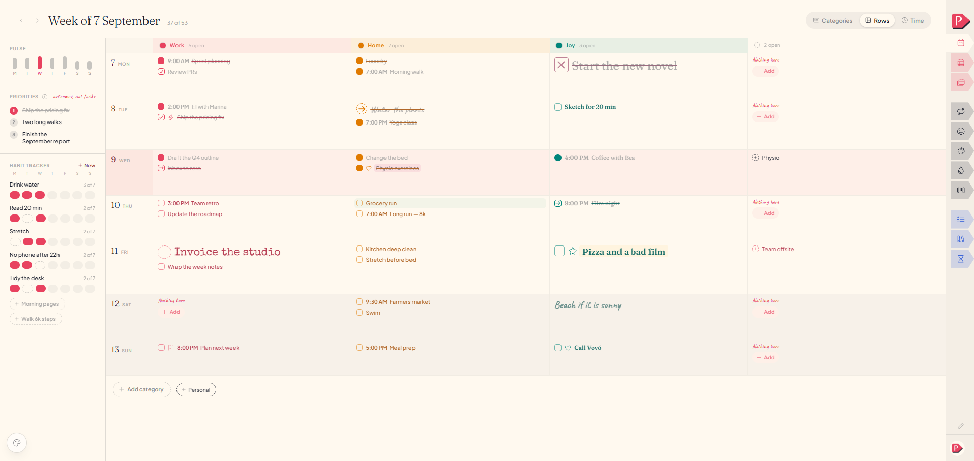 Rows layout: days down the page, categories across it, same tasks and squares as the Categories layout